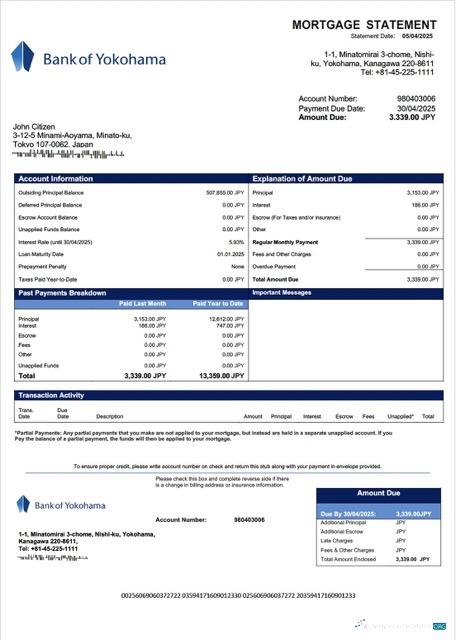 Download Japan Bank of Yokohama mortgage statement Word and PDF template Photoshop template